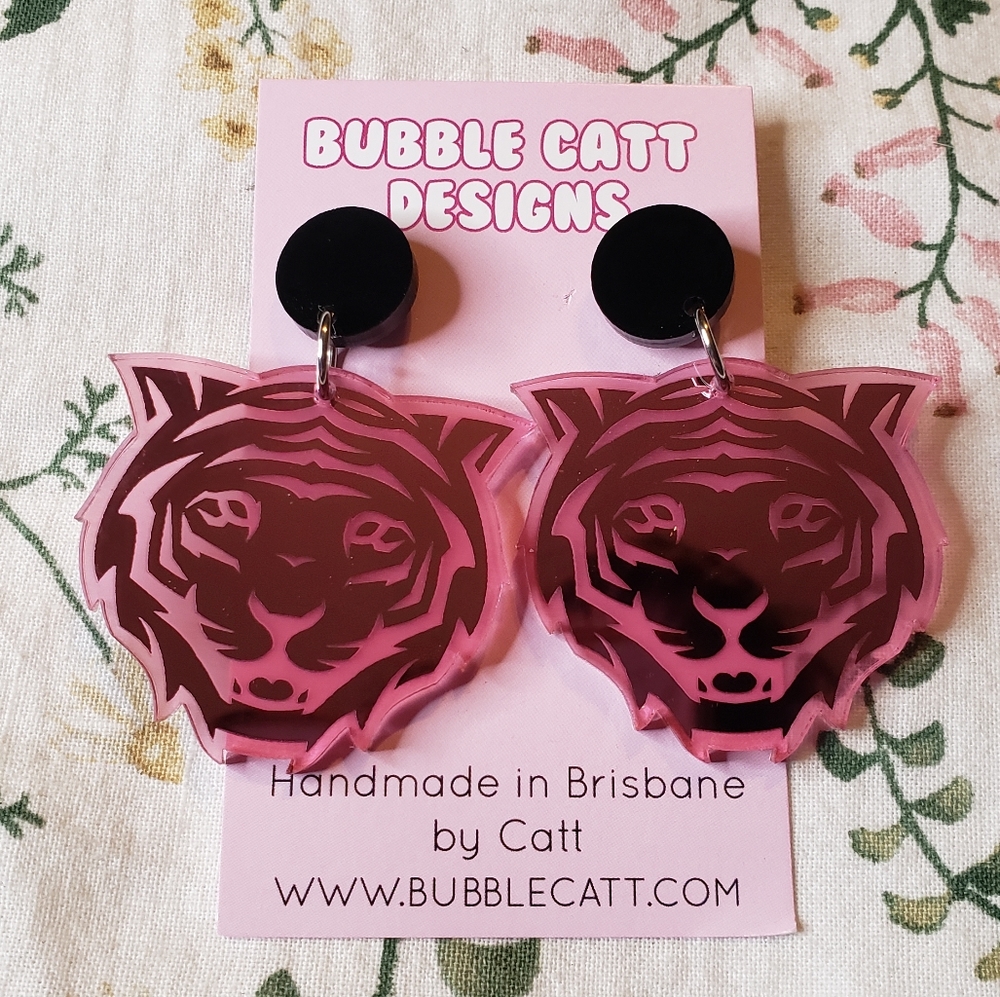 NWT Pink Tiger Dangle Earrings - Bubble Catt Designs, Handmade, Acrylic